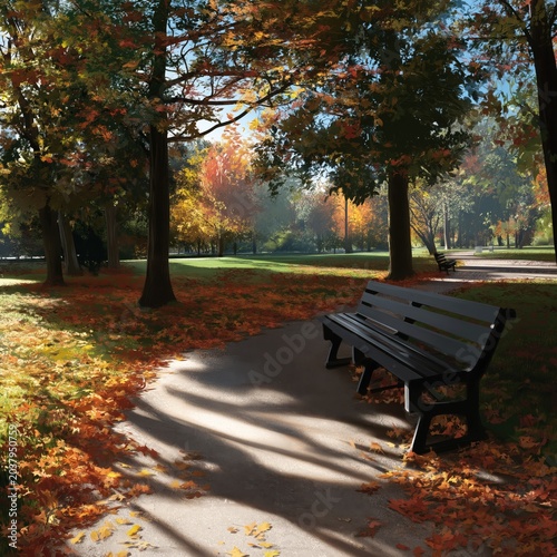 Colorful Autumn Leaves Cover the Ground Beside a Park Bench in a City