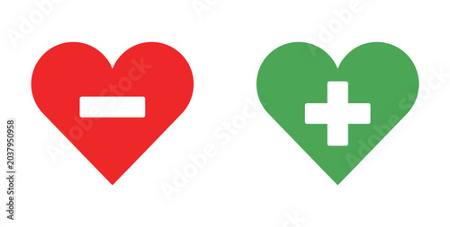 Принти на полотні Pros and Cons Heart Symbol: Two heart shapes, one red with a minus sign and one green with a plus sign, representing opposite concepts