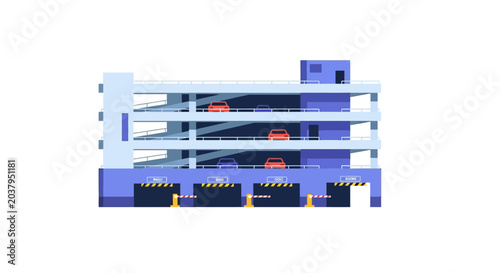 Modern Multi-level Parking Garage with Cars on White Background