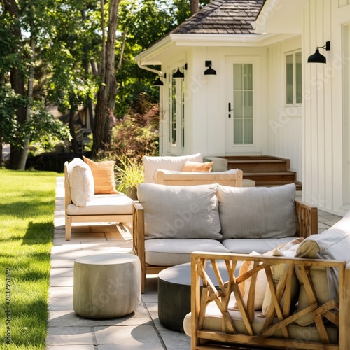 Modern Outdoor Seating Area Next to a House Surrounded by Green Grass and Tre...
