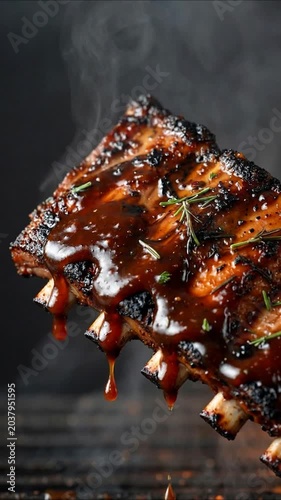 Succulent grilled pork ribs cooking on a hot grill. Rich barbecue sauce drips from the tender meat as smoke and steam rise in slow motion