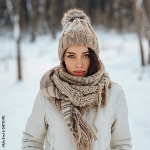 Woman in Winter Clothing Standing in Snow-Covered Forest on a Cold Day