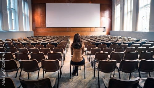a lone individual sits in an empty conference hall facing rows of vacant chairs symbolizing anticipation