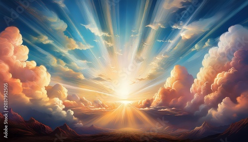 majestic sky with divine light shining through the clouds symbolizing faith and spirituality digital painting