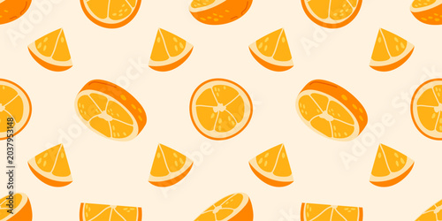 Seamless pattern with orange fruit slices on a light background. Citrus summer background. Pattern for fabric, textiles or packaging.