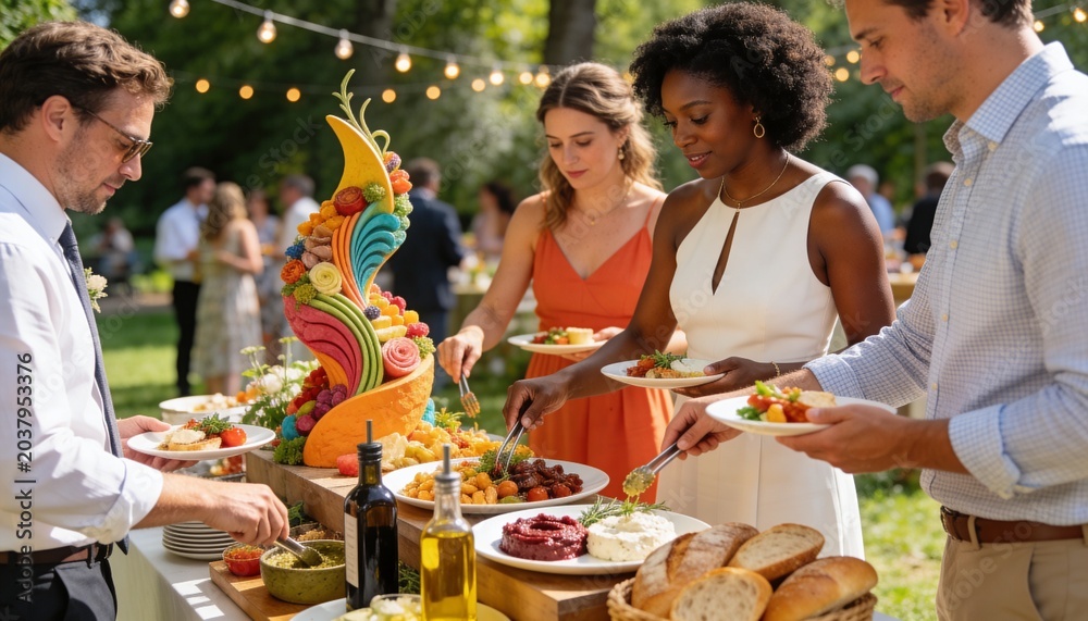 Obraz Wedding guests serving food at an outdoor buffet station. Diverse people at a garden reception with colorful catering display. Social celebration and outdoor dining concept
