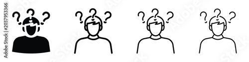 Photos Person with question marks above head symbolizing confusion or uncertainty