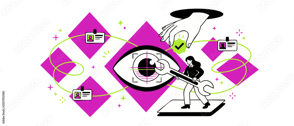 Obraz premium Biometric eye verification data security scan concept with a woman adjusting giant iris scanning systems, identity access authorization checkmark, and digital ID card validation banner graphics.