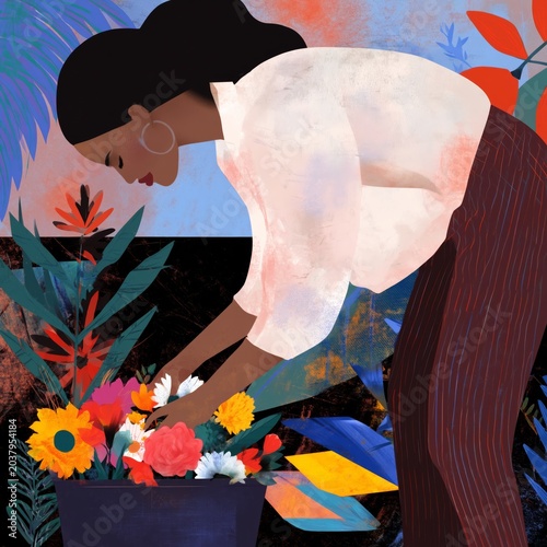 Woman Arranging Flowers in a Pot Surrounded by Colorful Plants in a Creative ...
