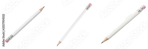Schilderij op canvas Set of three classic long sharpened white wooden graphite pencils featuring a grey writing tip and a small pink rubber eraser held by a silver metallic ferrule, isolated white background