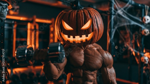Muscular person with a glowing pumpkin head extending a chrome dumbbell in a Halloween-decorated dark gym.