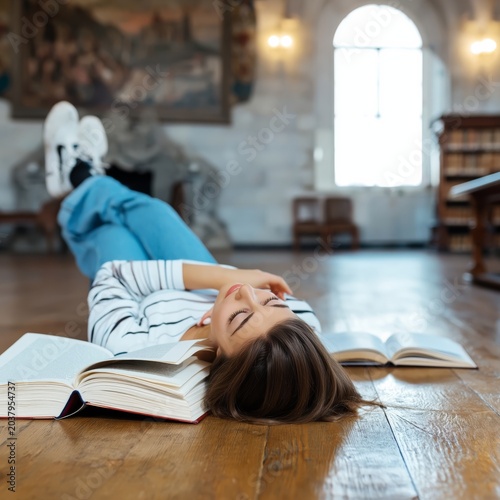 Young Woman Lies on the Floor in a Library With Books Around Her During the A...