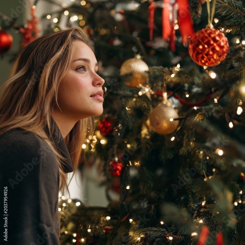 Woman Looks up at Christmas Tree Decorated With Lights and Ornaments in Indoo...