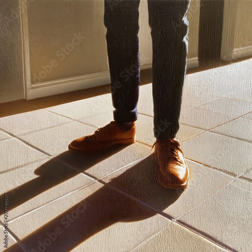 Brown Shoes and Shadows on Tile Floor in Bright Light During Morning Hours