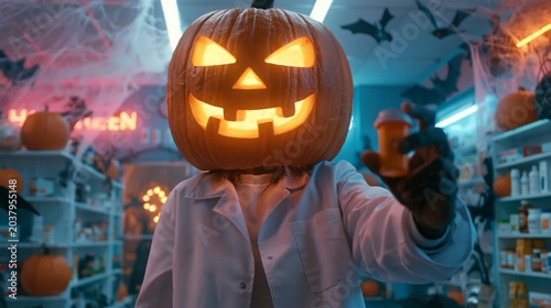 Jack-o-Lantern offering a special offer in pharmacy on Halloween day with a carved pumpkin head.