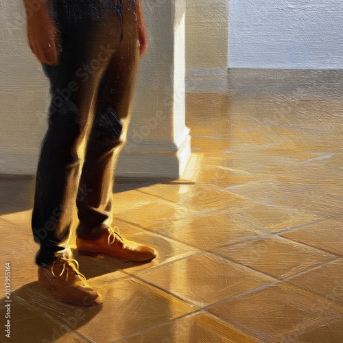 Brown Shoes and Shadows on Tile Floor in Bright Light During Morning Hours
