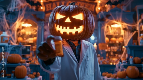 Jack-o-Lantern offering a special offer in pharmacy on Halloween day with a carved pumpkin head.