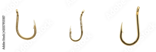 Принти на полотні Set of three vintage sharp metallic golden brass fish hooks or angling tackle gear accessories used for outdoor lake river fishing sports, isolated white background