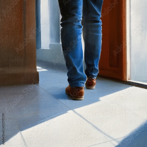 Brown Shoes and Shadows on Tile Floor in Bright Light During Morning Hours