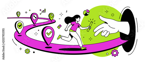 Fotografie Business relay baton handoff woman running road map with location pin milestones, team collaboration partnership concept, corporate success strategy goal flat vector graphic illustration art
