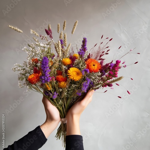 Hands Hold a Bouquet of Colorful Flowers With Dry Grass in a Neutral Setting ...