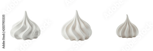 Bild auf Leinwand Isolated set of three sweet white baked meringue kisses or swirling whipped cream confectionery drops for delicious bakery desserts, white background