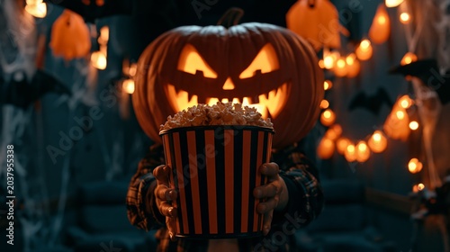 Jack-o-Lantern offering a special offer in cinema theater and popcorn on Halloween day with a carved pumpkin head. Concept of Horror Movie Night.