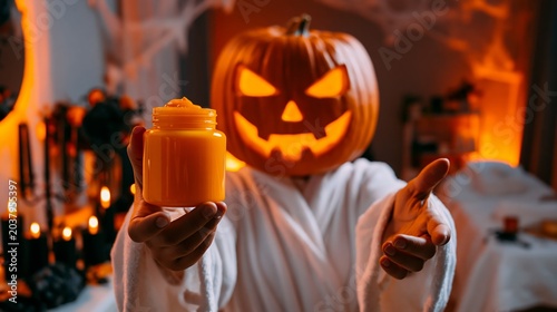 Jack-o-Lantern offering a special offer in spa salon on Halloween day with a carved pumpkin head.