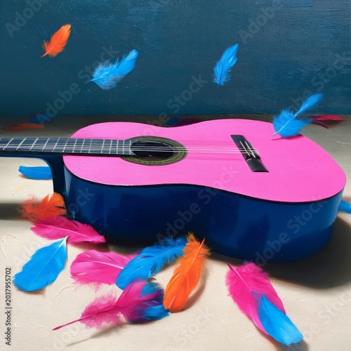 Colorful Guitar With Feathers on a Light Surface in a Creative Setting