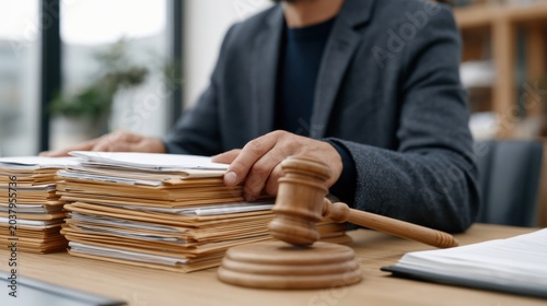Male lawyer in gray suit reviewing legal documents on wooden desk with stacked files and gavel, office environment with natural light and plants in background