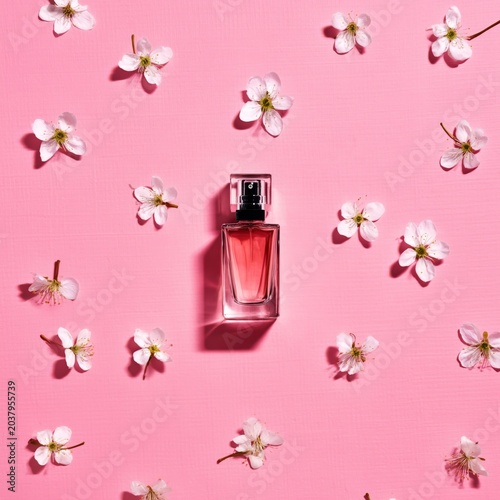 Pink Perfume Bottle Surrounded by White Flowers on a Pink Background
