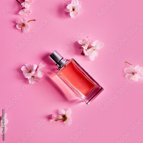Pink Perfume Bottle Surrounded by White Flowers on a Pink Background