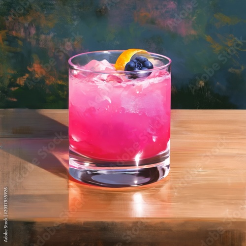 Refreshing Drink Sits on a Wooden Table With Colorful Ice and Fruits in a Pla...