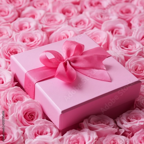 Gift Box Surrounded by Pink Roses on a Soft Background
