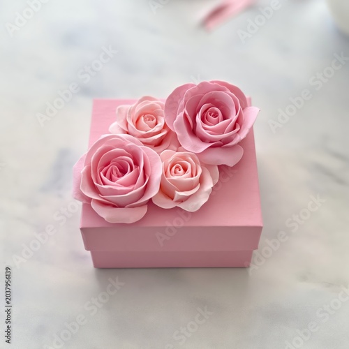 Pink Box With Rose Decorations on a Light Surface in a Bright Room