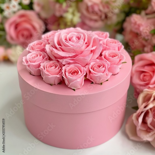 Beautiful Arrangement of Pink Roses in Round Box Located Indoors Surrounded b...