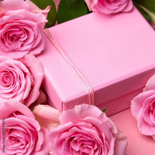 Gift Box Surrounded by Pink Roses on a Table With a Textured Background