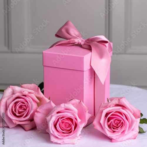 Pink Gift Box With Roses on a Table in a Bright Room During Daylight Hours