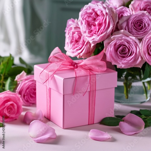 Pink Gift Box With Roses on a Table in a Bright Room During Daylight Hours