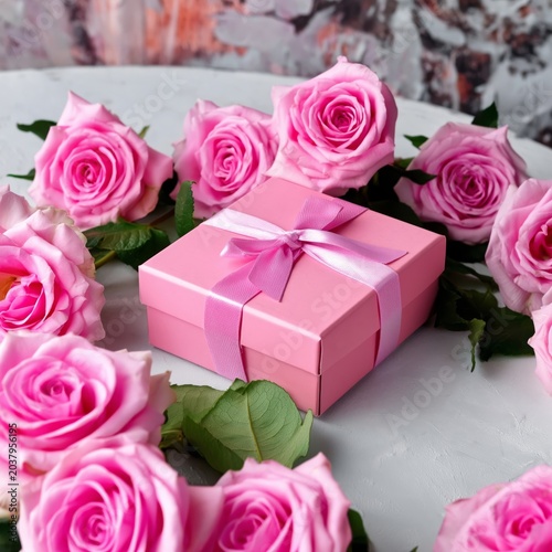 Gift Box Surrounded by Pink Roses on a Table With a Textured Background