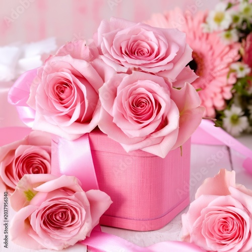 Arrangement of Pink Roses in a Box With Ribbon on a Table in a Decorated Setting
