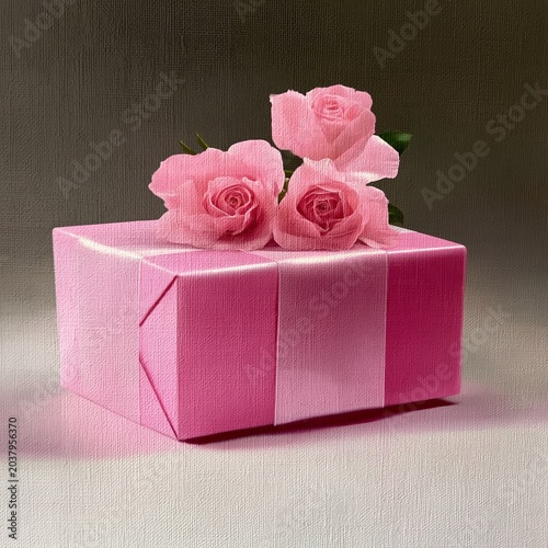 Arrangement of Pink Roses in a Box With Ribbon on a Table in a Decorated Setting