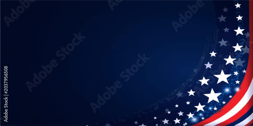 Bild auf Leinwand Fourth of July patriotic background with a swooping curved border of white stars and glowing lights on deep navy blue