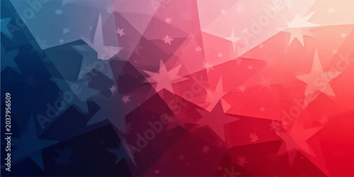 Abstract low-poly patriotic background featuring a creative blend of overlapping red, white, and blue geometric shapes with dynamic stars.