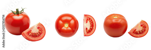 Set of fresh raw organic red tomato arrangement featuring one whole round ripe fruit alongside a single cleanly cut sliced half piece segment, isolated white background food cooking.