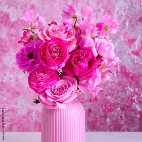 Bright Pink Flower Arrangement in a Pink Vase Against a Colorful Backdrop