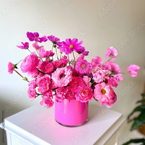 Bright Pink Flower Arrangement in a Pink Vase Against a Colorful Backdrop