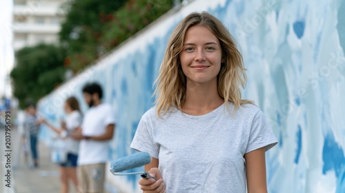 Young woman with blonde hair holds paint roller while painting a mural on a wall, volunteers working in the background on a community art project outdoors