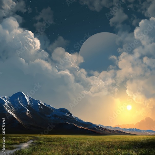 Mountains and Clouds at Sunset With a Large Planet in the Sky