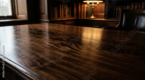 Luxury Wooden Table Texture with Warm Light in Traditional Study Room